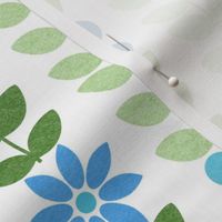 Medium Scale Green Scandi Vine with Blue Flowers on White