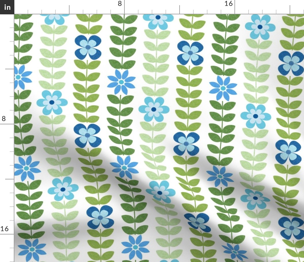 Medium Scale Green Scandi Vine with Blue Flowers on White