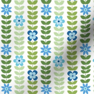 Small Scale Green Scandi Vine with Blue Flowers on White