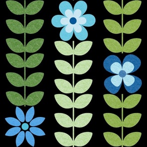Large Scale Green Scandi Vine with Blue Flowers on Black