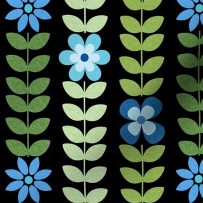 Medium Scale Green Scandi Vine with Blue Flowers on Black