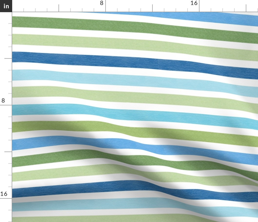 Medium Scale Aqua Blue and Green Textured Stripes Scandi Coordinate on White