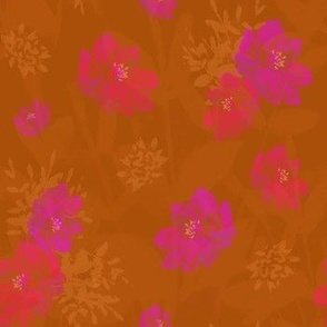 Magenta and Pink Flowers On Burnt Orange (small scale)