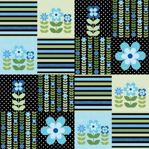 Patchwork 6" Square Cheater Quilt Aqua Blue and Green Scandi Flowers on Black
