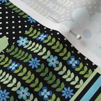 Smaller Patchwork 3" Square Cheater Quilt Aqua Blue and Green Scandi Flowers on Black