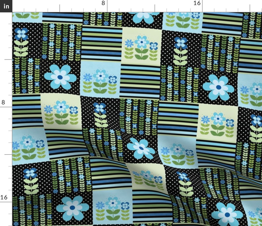 Smaller Patchwork 3" Square Cheater Quilt Aqua Blue and Green Scandi Flowers on Black