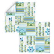 Patchwork 6" Square Cheater Quilt Aqua Blue and Green Scandi Flowers on White