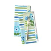 Patchwork 6" Square Cheater Quilt Aqua Blue and Green Scandi Flowers on White