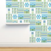 Patchwork 6" Square Cheater Quilt Aqua Blue and Green Scandi Flowers on White