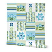 Patchwork 6" Square Cheater Quilt Aqua Blue and Green Scandi Flowers on White