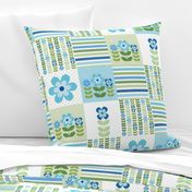 Patchwork 6" Square Cheater Quilt Aqua Blue and Green Scandi Flowers on White