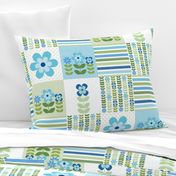 Patchwork 6" Square Cheater Quilt Aqua Blue and Green Scandi Flowers on White