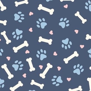 Dog Bones & Paw Prints on Blue (Large Scale)