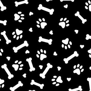 Dog Bones & Paw Prints: White on Black (Large Size)