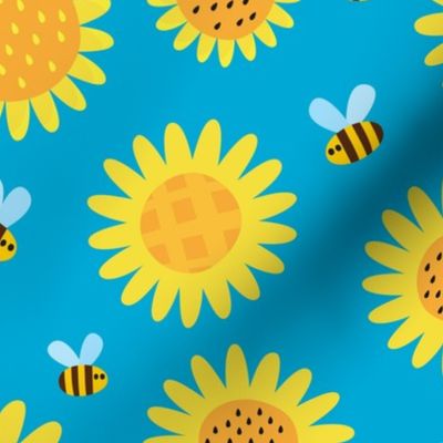 Bee, Honey Bee, Bumble Bee, Bee Fabric, Honey Bee Fabric, Bee Design, Humble Bee, Bee Keeper, Cute Bee, Bumble Bee and Flowers on Teal