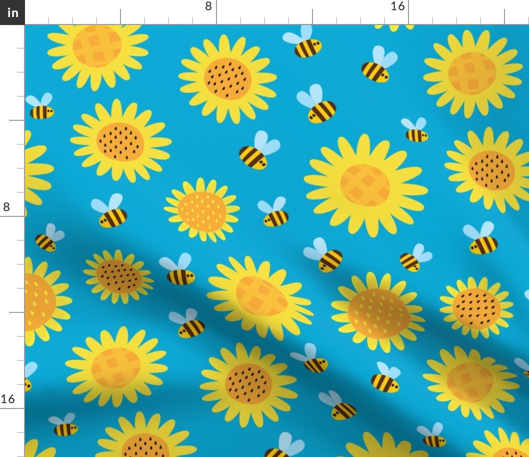 Bee, Honey Bee, Bumble Bee, Bee Fabric, Honey Bee Fabric, Bee Design, Humble Bee, Bee Keeper, Cute Bee, Bumble Bee and Flowers on Teal