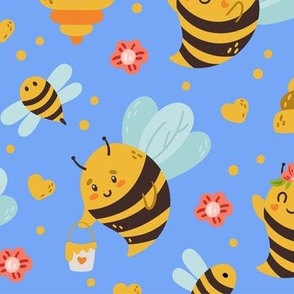 Bee, Honey Bee, Bumble Bee, Bee Fabric, Honey Bee Fabric, Bee Design, Humble Bee, Bee Keeper, Cute Bee, Bumble Bee and Flowers on Sky Blue