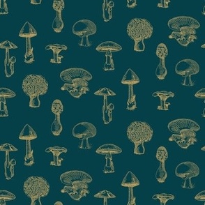Line Drawn Mushrooms, Gold on Teal Green