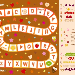 Seek and Find Playmats Funny cartoon English alphabet game Playmat for Preschool Children, Owls, stars, kiwi orange strawberry apple.  Yard