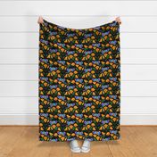 Colourful Parrots & Golden Poppies Chinoiserie -  black, medium to large 