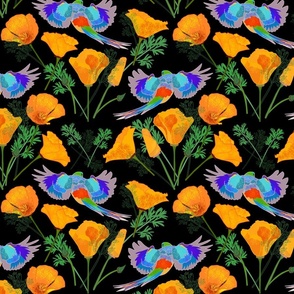 Colourful Parrots & Golden Poppies Chinoiserie -  black, medium to large 