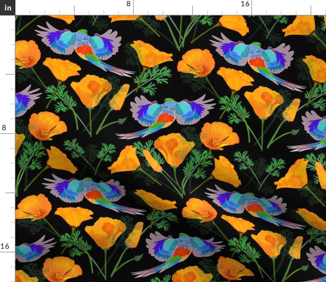 Colourful Parrots & Golden Poppies Chinoiserie -  black, medium to large 