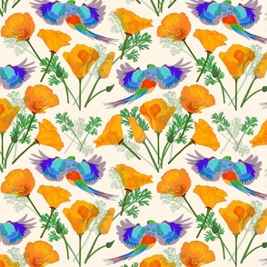 Colourful Parrots & Golden Poppies Chinoiserie - cream, medium to large 