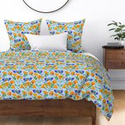 Colourful Parrots & Golden Poppies Chinoiserie - sky blue, medium to large 