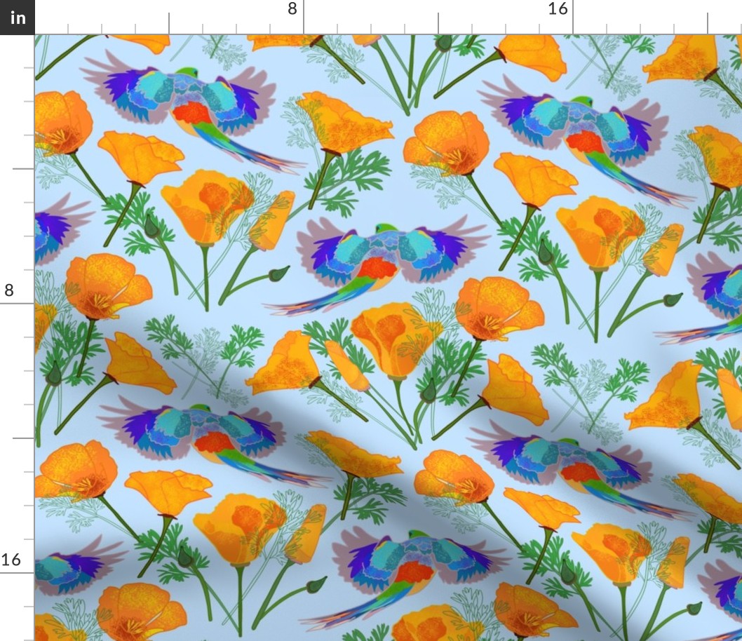 Colourful Parrots & Golden Poppies Chinoiserie - sky blue, medium to large 