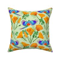 Colourful Parrots & Golden Poppies Chinoiserie - mint green, medium to large 