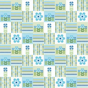 Smaller Patchwork 3" Square Cheater Quilt Aqua Blue and Green Scandi Flowers on White