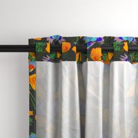 Colourful Parrots & Golden Poppies Chinoiserie - charcoal grey, medium to large 