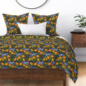 Colourful Parrots & Golden Poppies Chinoiserie - charcoal grey, medium to large 