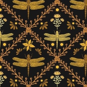 Dragonfly Damask Black and Gold