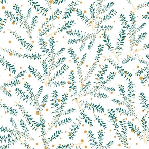 Green branches with mustard dots on white background