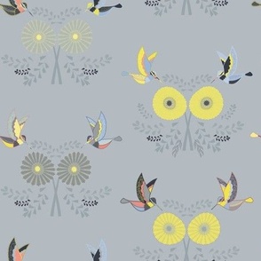 Birds and flowers Folk  Art grey