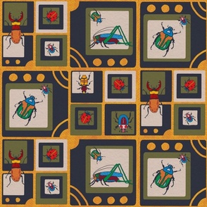 Medium Retro Bugs in frames with geometric patterns  half drop winter colours