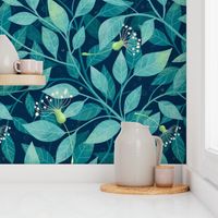 Blue Teal and Turquoise wallpaper design with leaves and dandelions, large scale