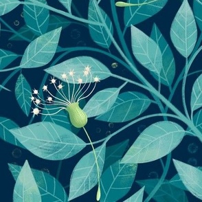 Blue Teal and Turquoise wallpaper design with leaves and dandelions, large scale