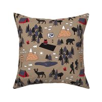 Hiking mountains forest camping beige red
