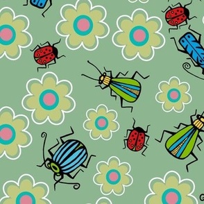 Beetles and flowers - green bkg -  large