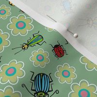 Beetles and flowers - green bkg  -  small