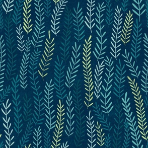 Blue, teal, turquoise and green leaves on dark blue, large scale