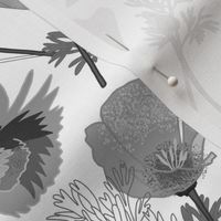 Parrots & Poppies Chinoiserie - greyscale on white, medium to large 