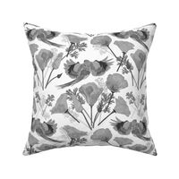 Parrots & Poppies Chinoiserie - greyscale on white, medium to large 