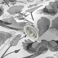 Parrots & Poppies Chinoiserie - greyscale on white, medium to large 