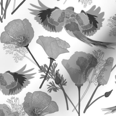Parrots & Poppies Chinoiserie - greyscale on white, medium to large 