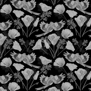 Parrots & Poppies Chinoiserie - greyscale on black, medium to large 