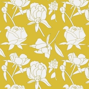 Line Drawing of Roses, Light Ivory on Yellow