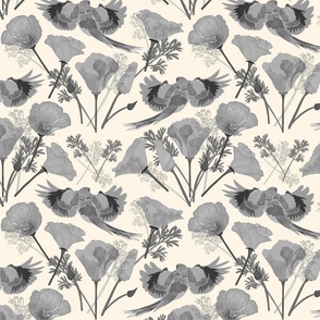 Parrots & Poppies Chinoiserie - greyscale on cream, medium to large 